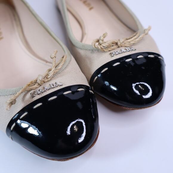 PRADA Cap Toe Ballet Flats Beige and Black Canvas Leather Women's 35.5/US 5.5 - Picture 2 of 7